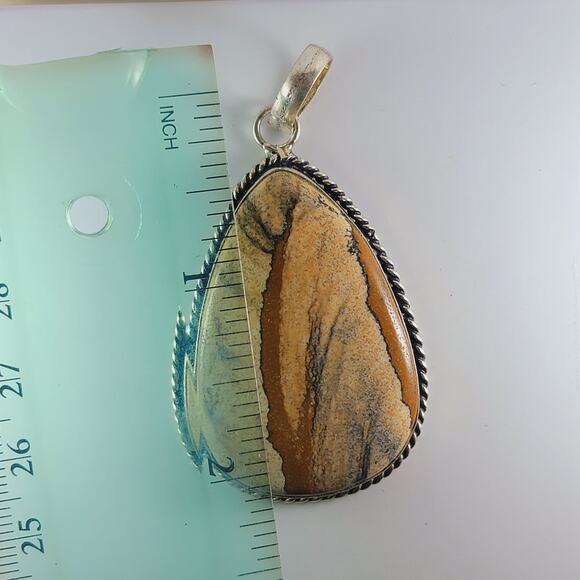 Sterling Silver Picture Jasper Pendant Teardrop Earth Tone 2.5" with Chain - Picture 6 of 9